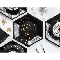 6 black cardboard plates with golden bats