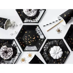 6 schwarze Pappteller aus Karton mit goldene Fledermäuse
