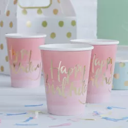 Bicchieri da festa Happy Birthday Rosa & Oro, 266 ml, 8 pezzi