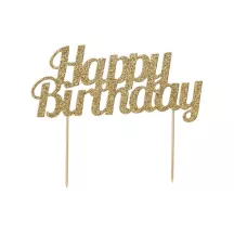 Cake topper "Happy Birthday" - glittery gold