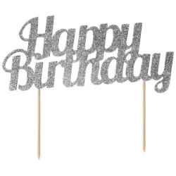 Cake Topper "Happy Birthday" - glitzer silber