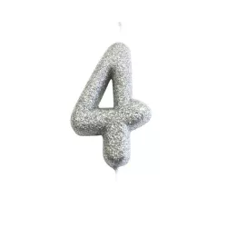Zahlenkerze 4 Silber Glitzer