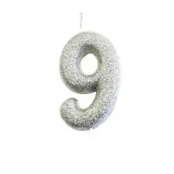 Bougie numérotée 9 argent scintillant