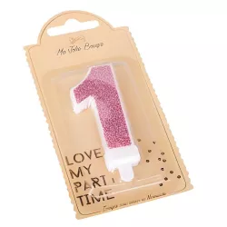 Bougie rose avec paillettes - Chiffre: 1