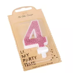 Bougie rose avec paillettes - Chiffre: 4