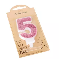 Bougie rose avec paillettes - Chiffre: 5