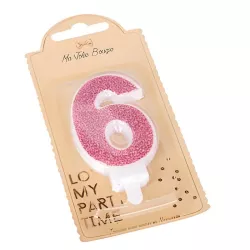 Bougie rose avec paillettes - Chiffre: 6