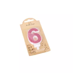 Bougie rose avec paillettes - Chiffre: 6