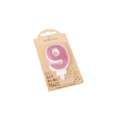 Bougie rose avec paillettes - Chiffre: 9