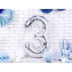 Foil balloon silver, number 3 – 86 cm