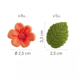 Pink flowers and green leaves made from sugar
