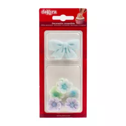 Noeud bleu clair et fleurs en sucre