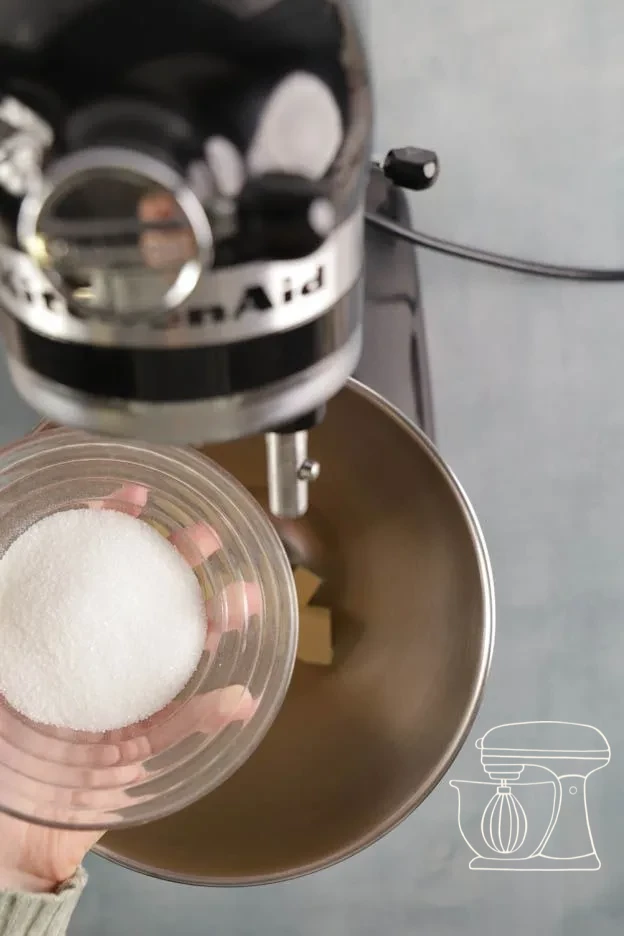 Butter and sugar in the mixer's Mixing bowl · Butter-sugar mixture being beaten fluffy · Pale, fluffy butter-sugar mixture after five minutes