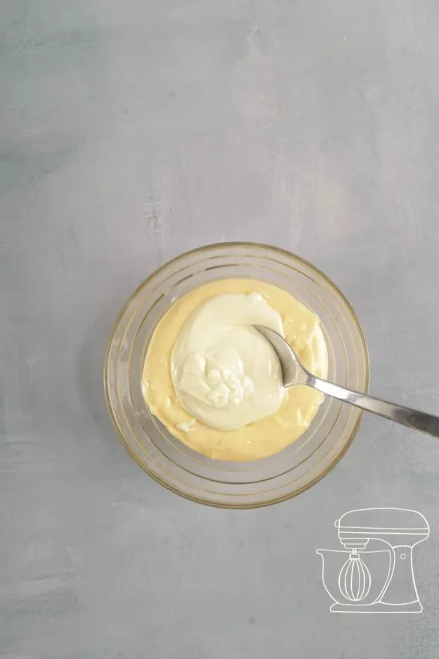 White chocolate melting in the microwave · Melted white chocolate added to the batter · Pale batter with white chocolate stirred through