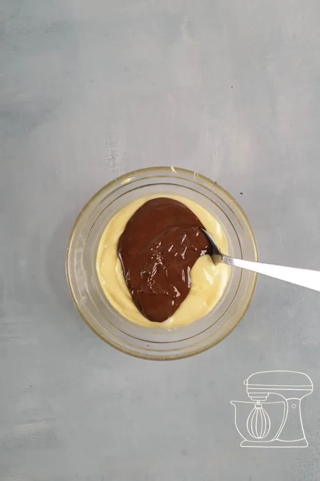 Dark chocolate melting in the Bowl · Dark chocolate stirred into the third batter · Three cake batters in white, light and dark brown side by side