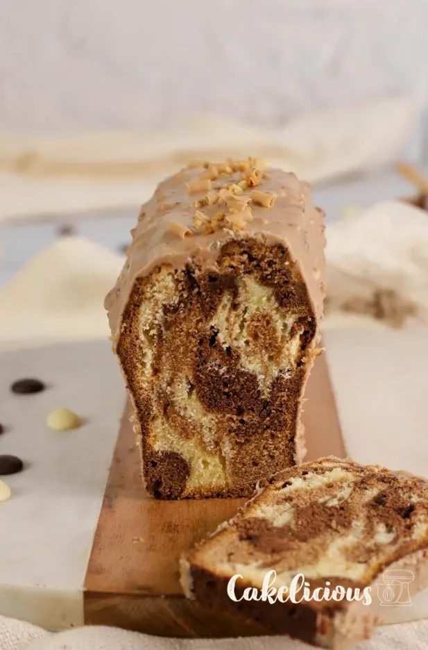 Slice of the marble cake showing the three-chocolate pattern