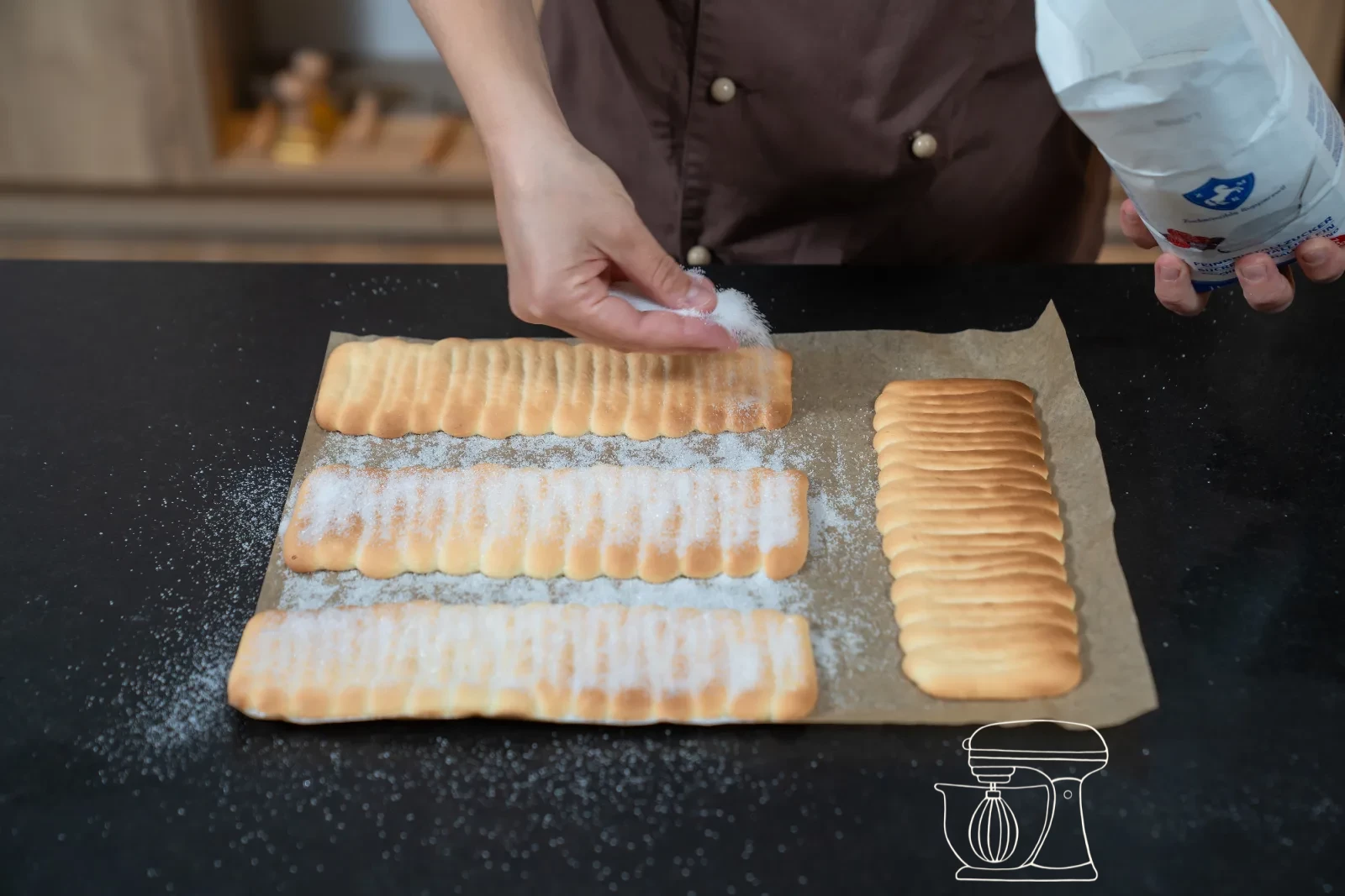 Golden-baked sponge strips on the tray, thickly dusted with sugar
