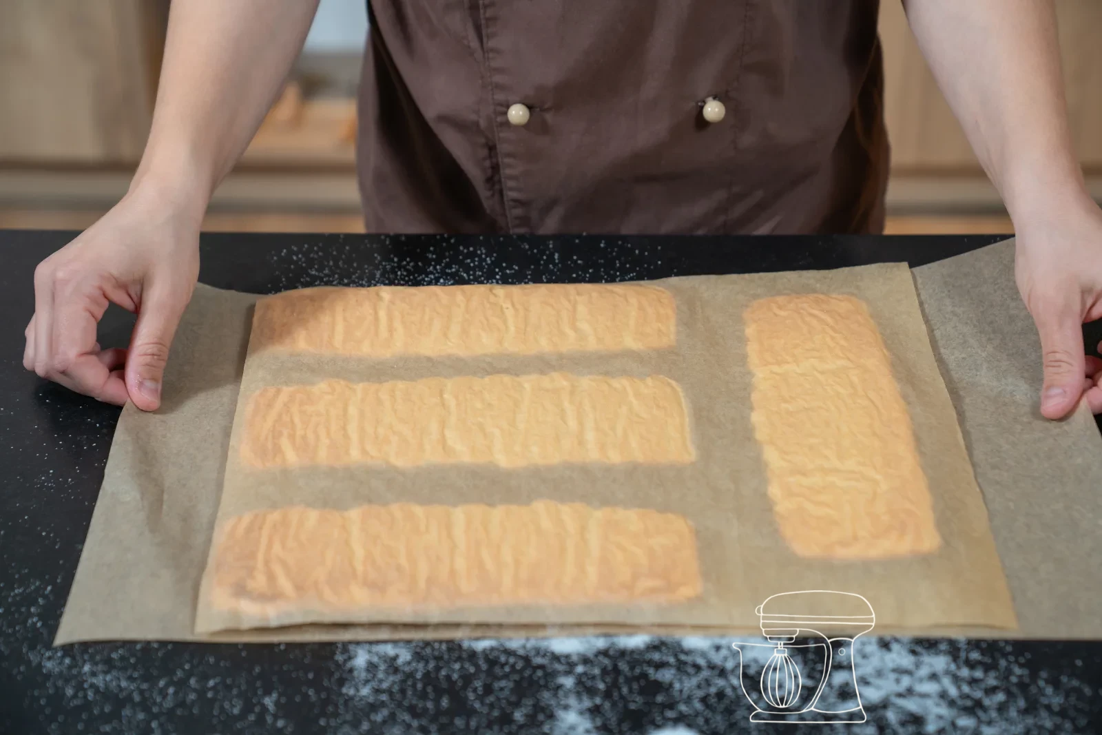 Golden-baked sponge strips on the tray, thickly dusted with sugar