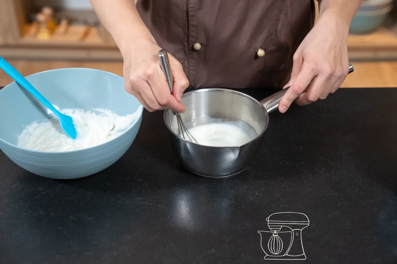 Creamy quark mixture in a bowl, a dough scraper folding in whipped cream in three portions