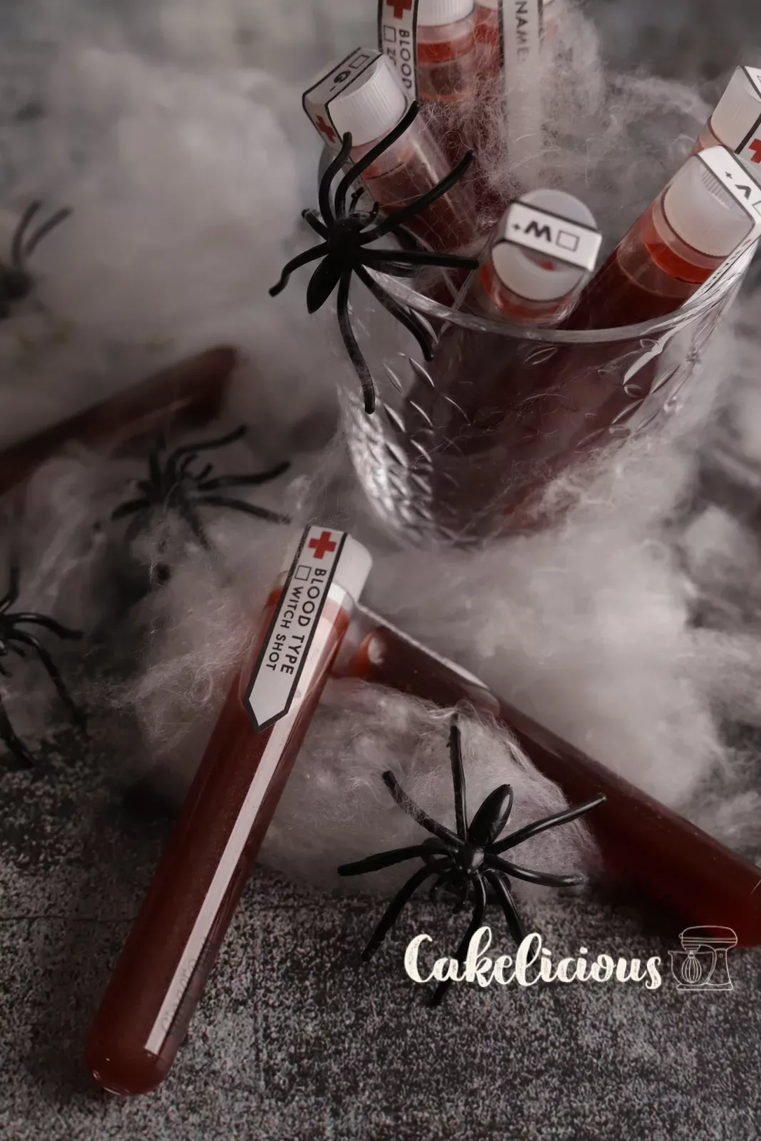 Blood sample shots in test tubes with red fake blood for the Halloween party