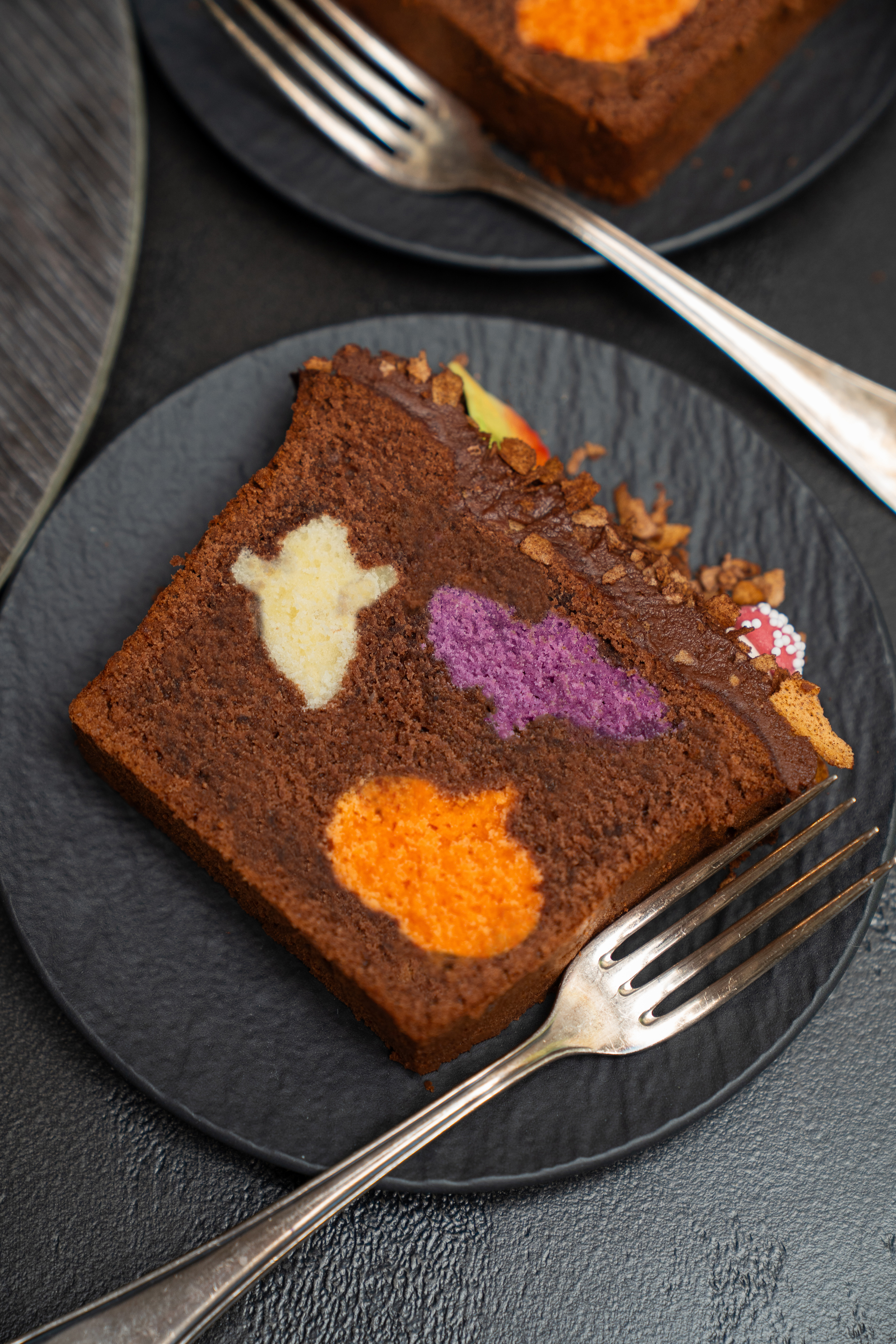 Scheibe Marmorkuchen mit Gespenst, Fledermaus und Kürbis
