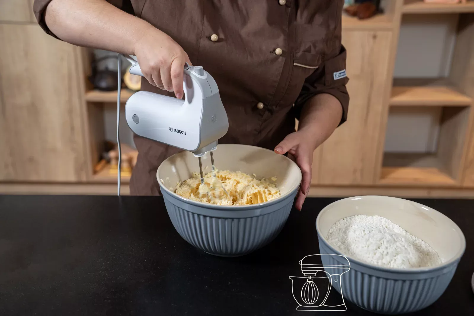 Beat butter and sugar until fluffy with the hand mixer