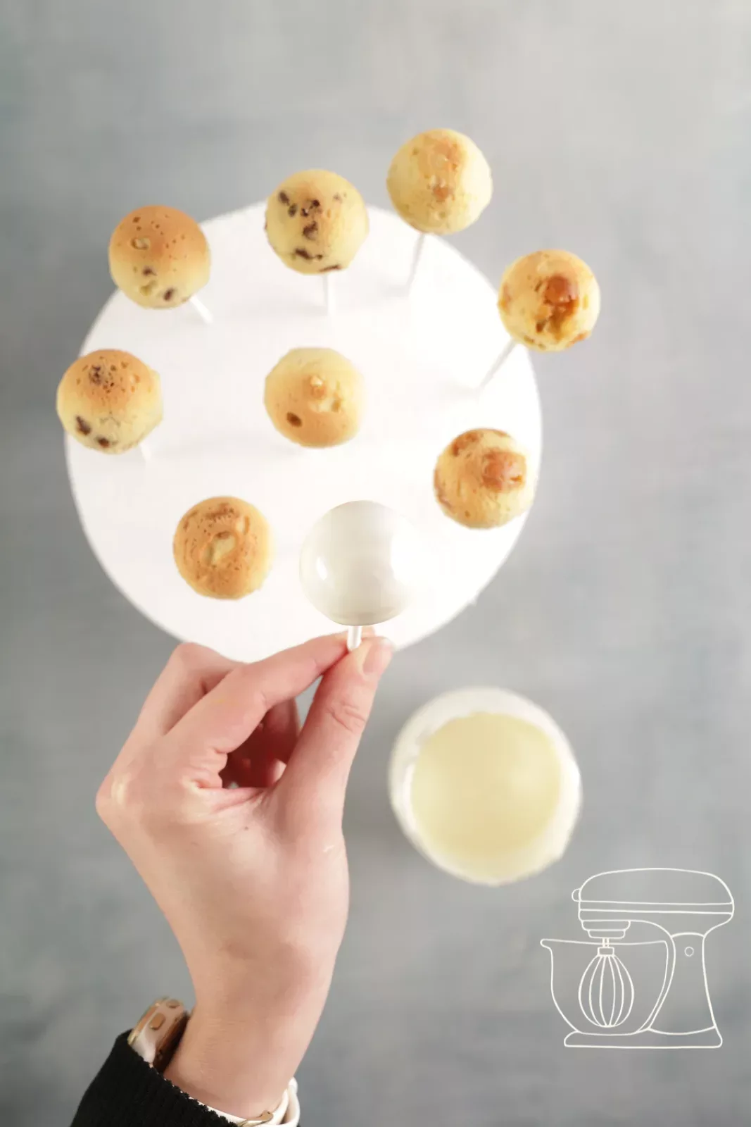 Cake pops set to chill in a round Styrofoam dummy