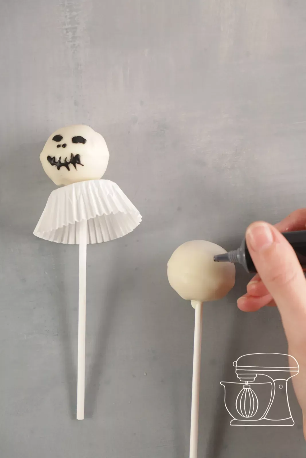 Ghost cake pop getting a face with the Chocolate flavour pen