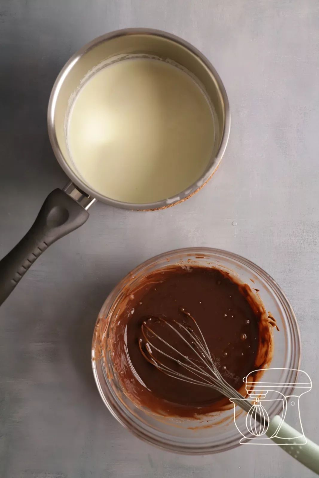 Ganache is stirred between the additions