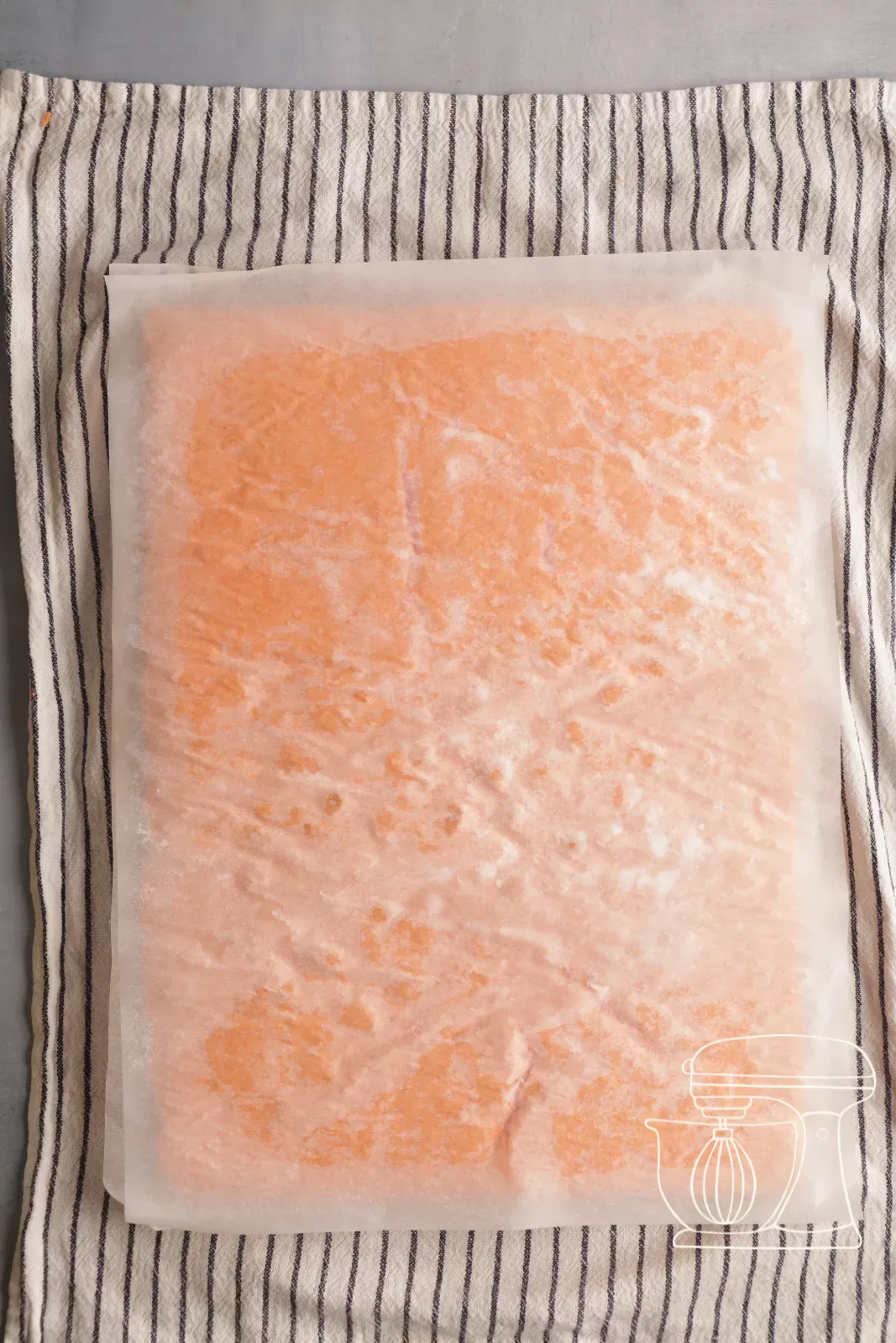 Sponge lying between baking paper on a damp cloth