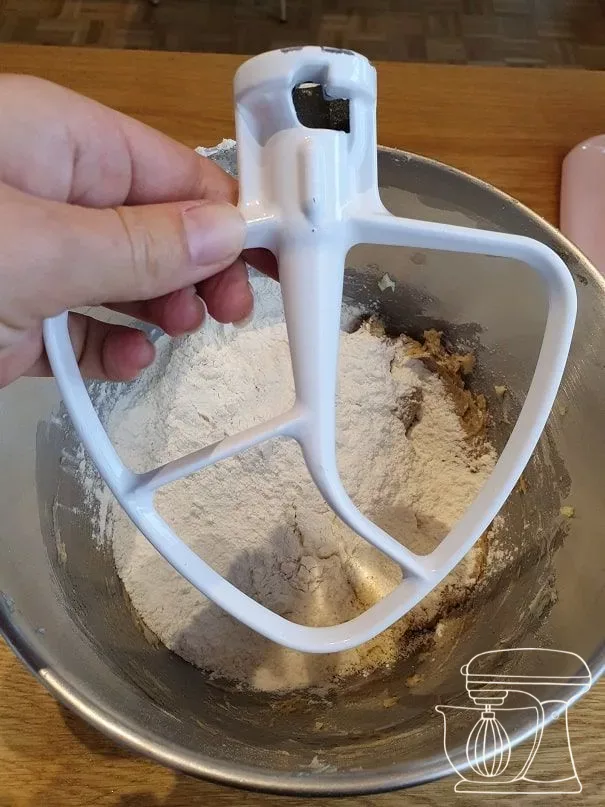 Dough being mixed briefly with the flat beater