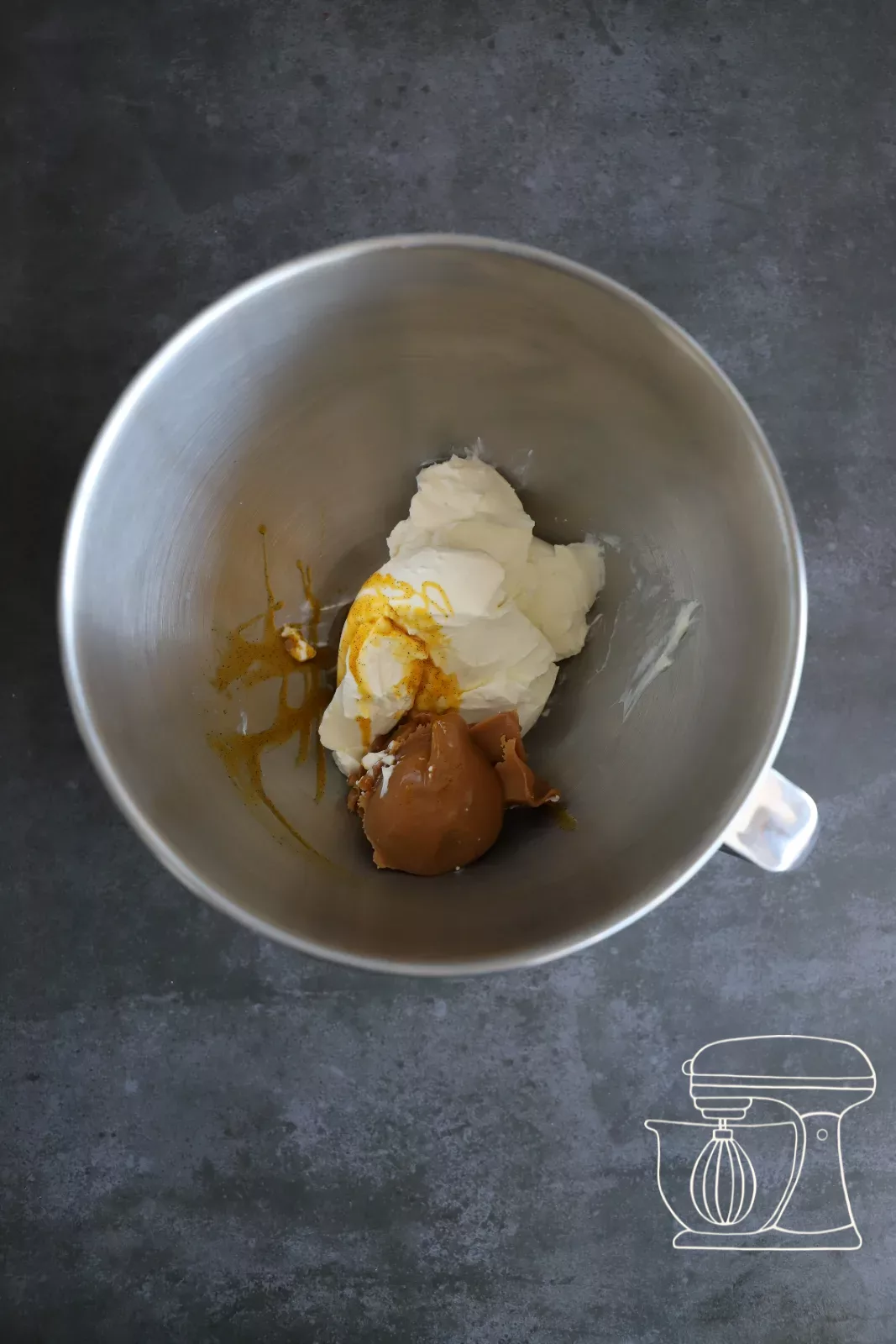 Caramel being added to the cream cheese