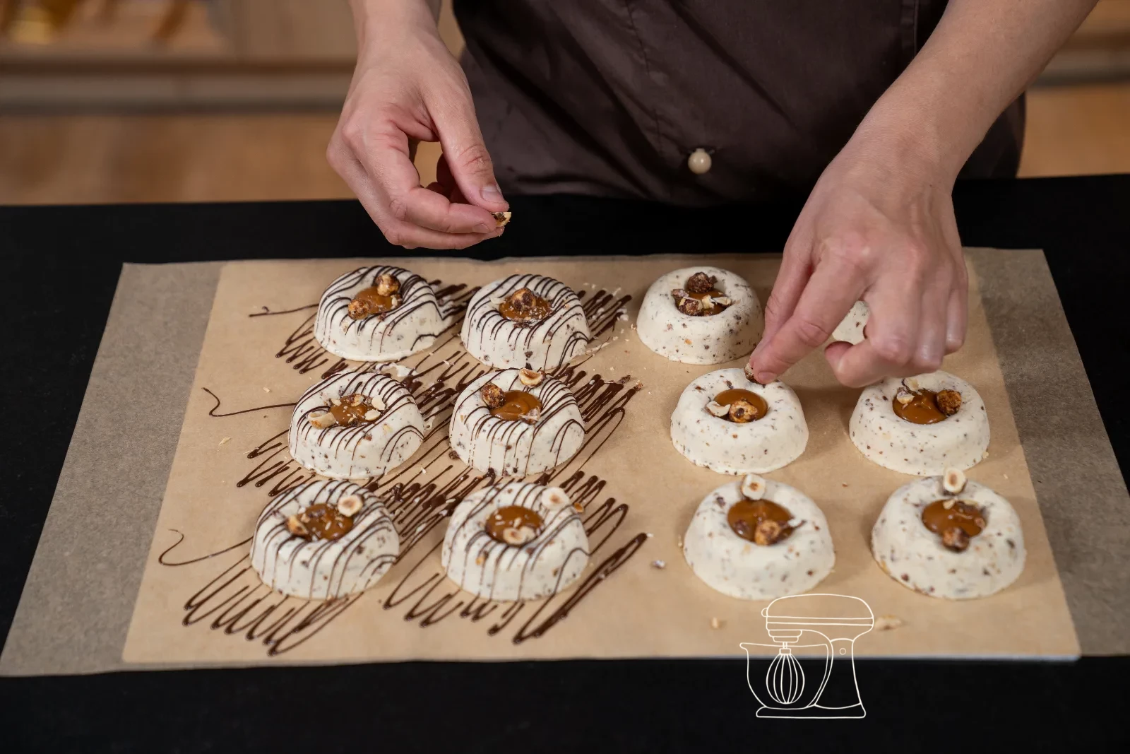 Hazelnut caramel parfait – unmould and decorate with chocolate, caramel and nuts