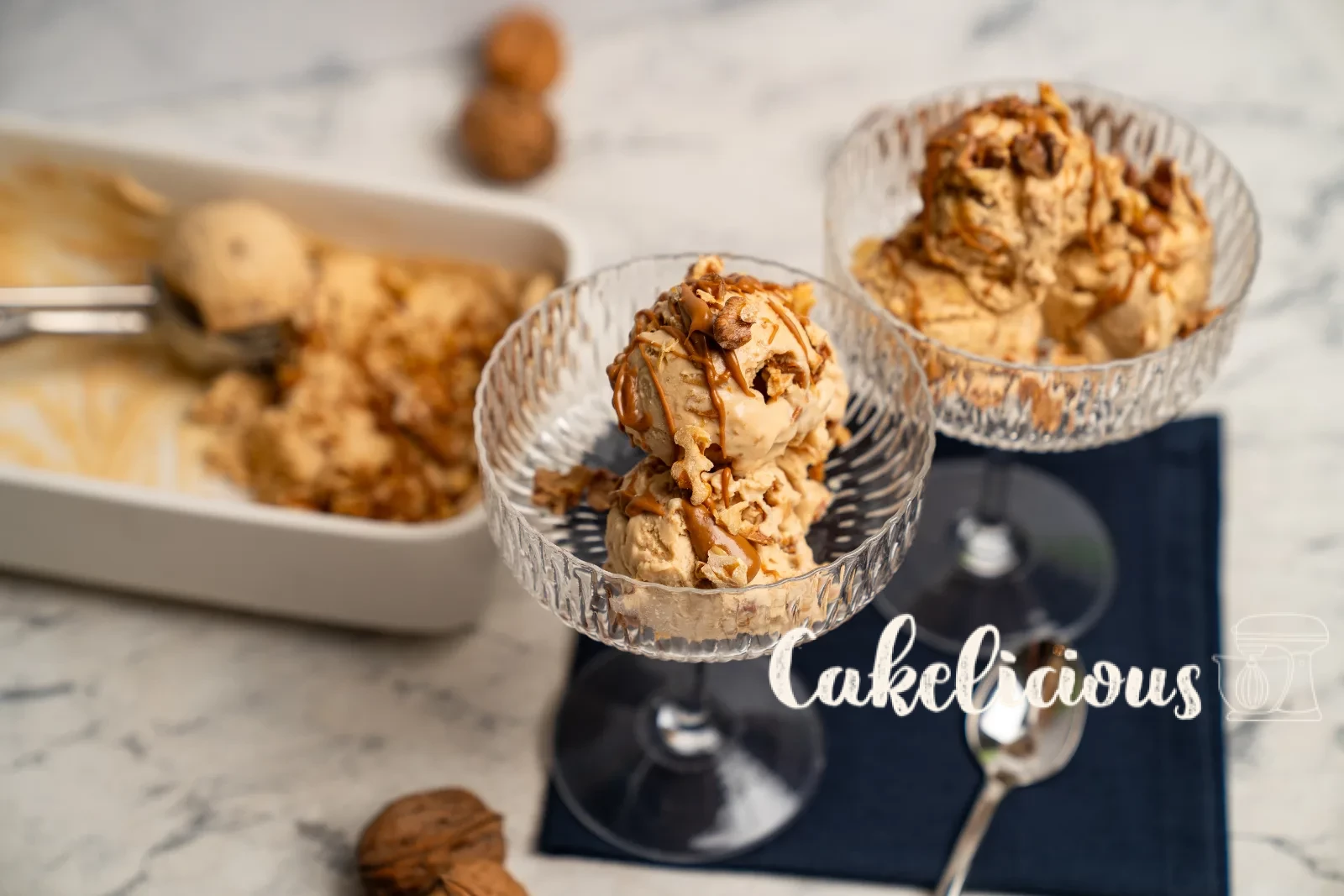 Caramel walnut ice cream without an ice cream machine