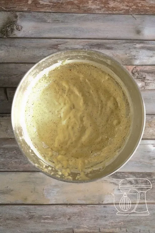 Dry ingredients are stirred in on a low setting