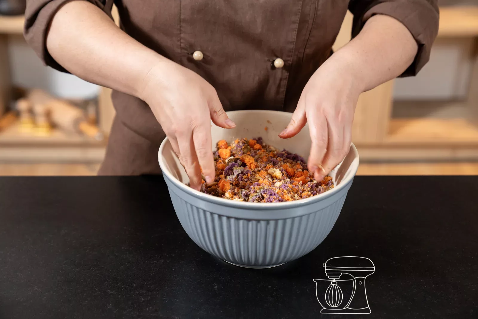 Crumbled cake leftovers in the bowl