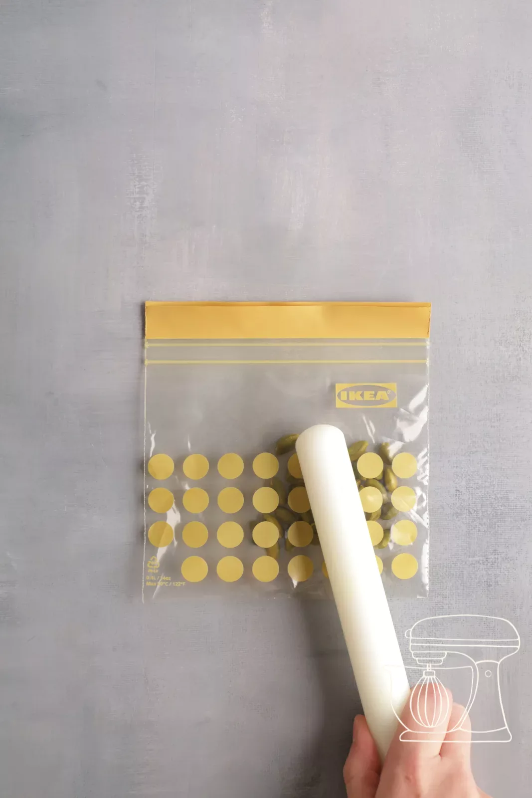 Crushing pistachios with the rolling pin