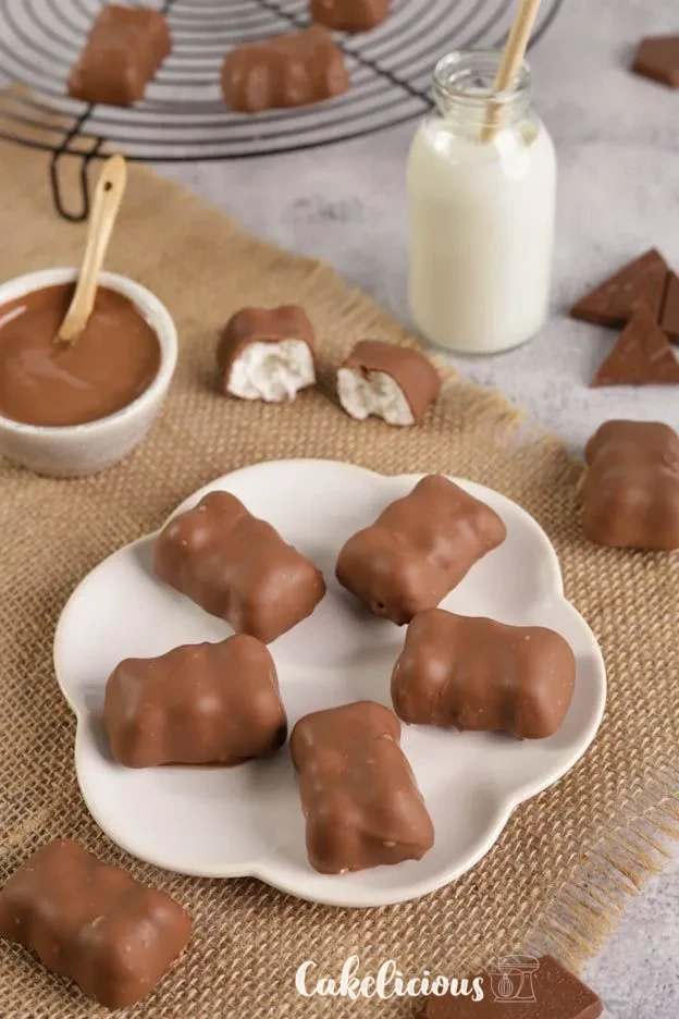 Chocolate bears from above, several arranged in a row