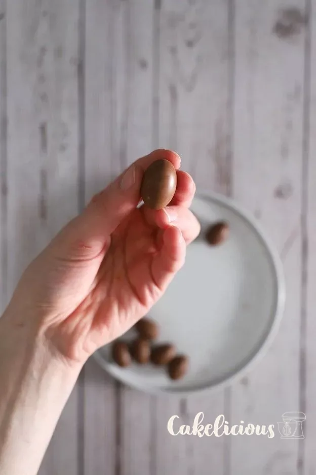 Un bonbon au chocolat brillant entre les doigts