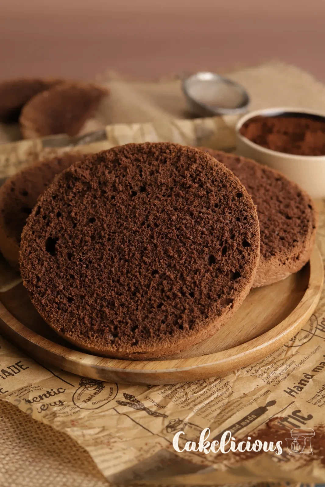 Chocolate sponge cake base, baked and turned out